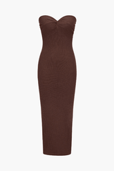 Ribbed Twist Front Strapless Midi Dress